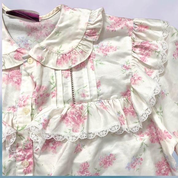 Vintage 1990s Jessica Floral Satin Lace Button Down Pajama Top - Picture 4 of 6
